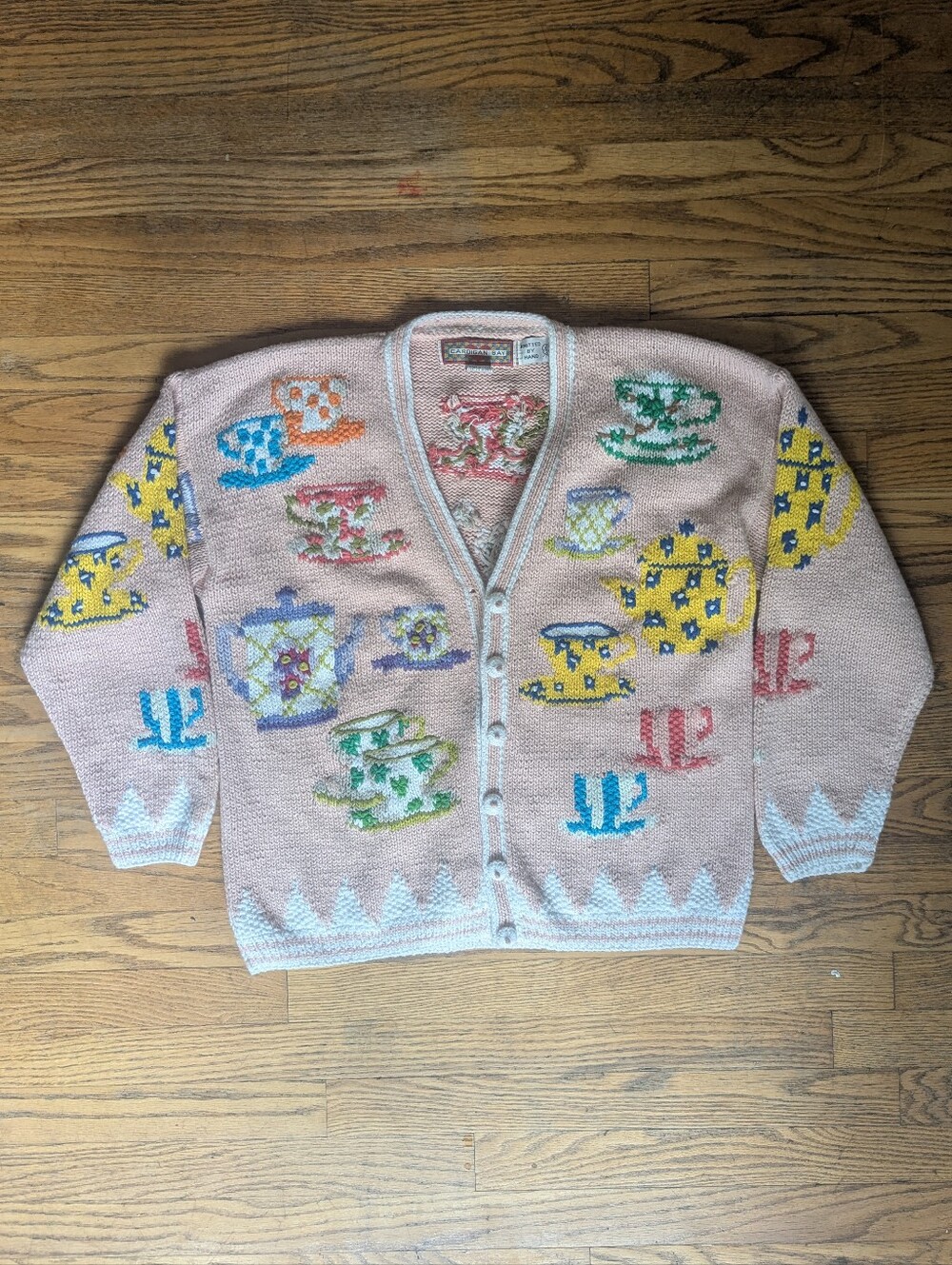 Rare Cardigan Bay Vintage Tea Cup Pattern Pink Button-Up Cardigan Sweater